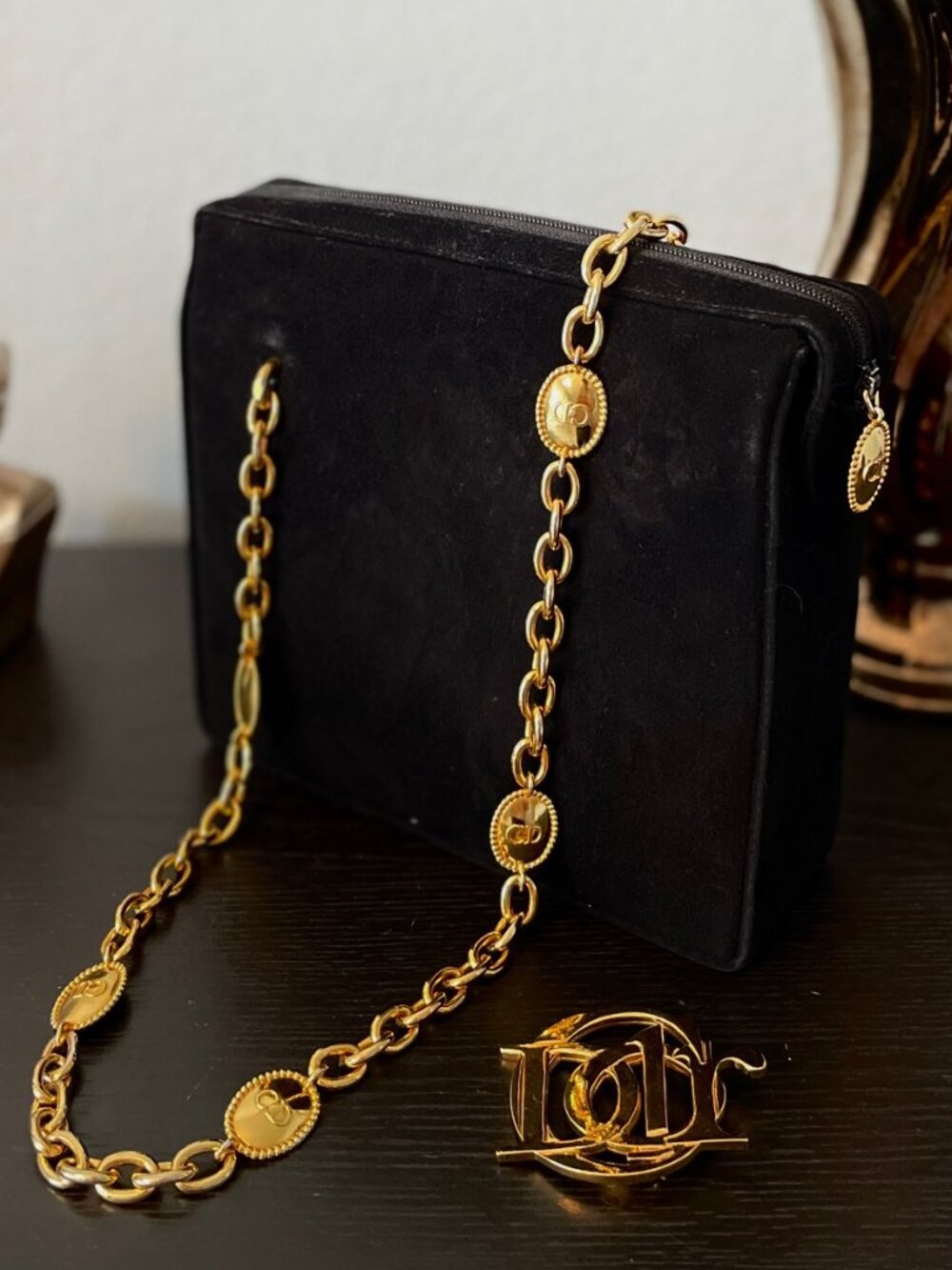 Vintage Dior black suede bag with gold chain with logo, Christian Dior evening